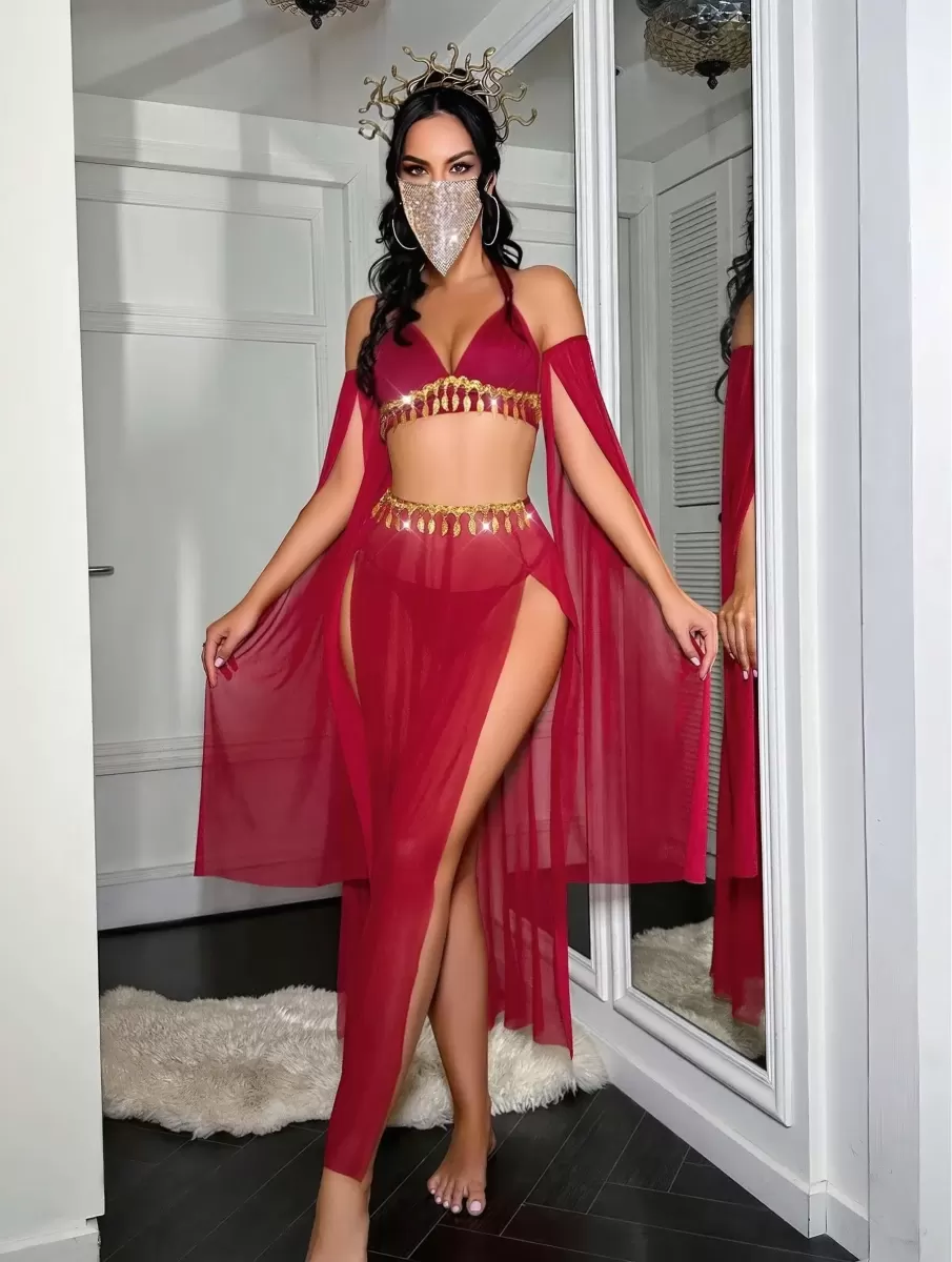 Kadın Kırmızı Harem Kostümü Özel Tasarım Şık Fantazi Giyim Seti