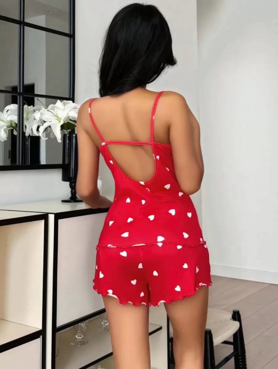 Kadın Kırmızı Kalp Desenli Şortlu Pijama Takımı Sevimli Rahat 2’li Set