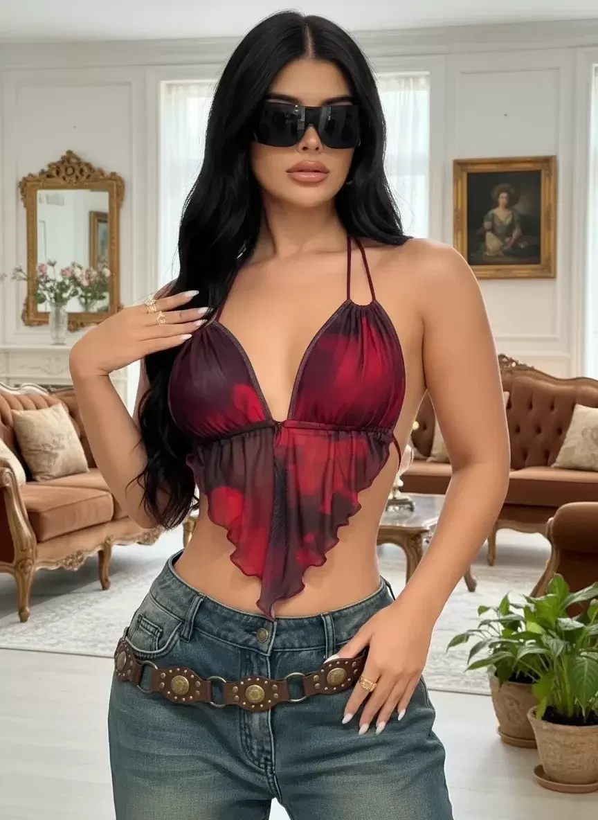 Kadın Kırmızı Siyah Crop Bluz Askılı Önden Bağlamalı Üçgen Kesim Detaylı Şık Kadın Üst Giyim Özel Tasarım