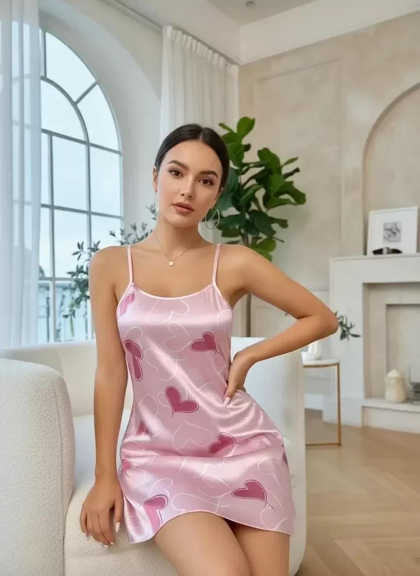 Kadın Pembe Saten Gecelik Fuşya Kalp Desenli Askılı İnce Askılı Şık Kadın Geceliği Özel Tasarım