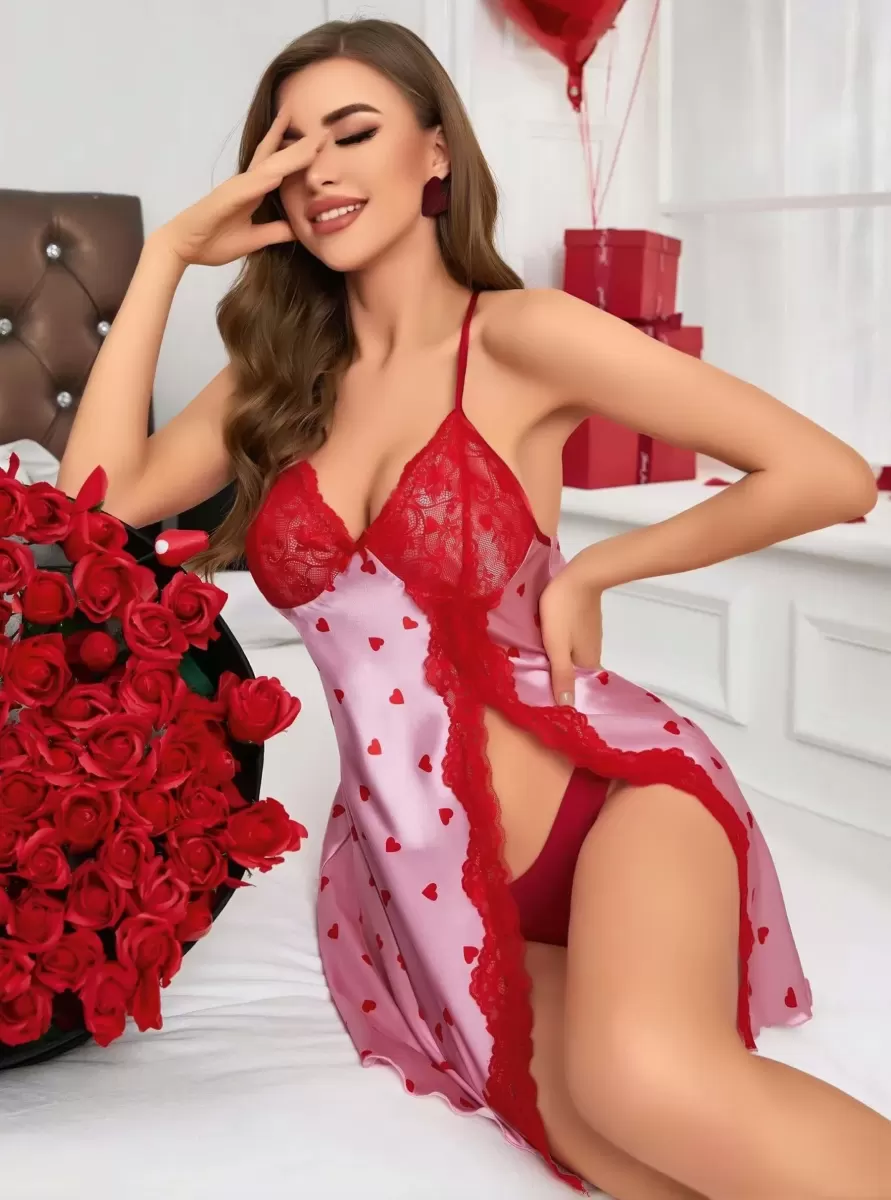 Kadın Kırmızı Kalp Desenli Saten Gecelik İnce Askılı Şık Kadın Geceliği Özel Tasarım