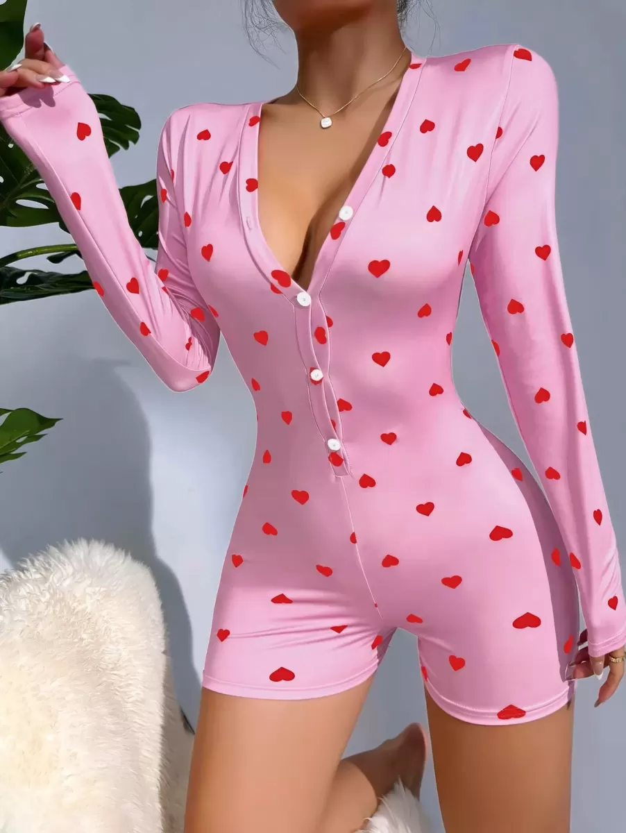 Kadın Pembe Kalp Desenli Zarif Pijama Tulumu Özel Tasarım
