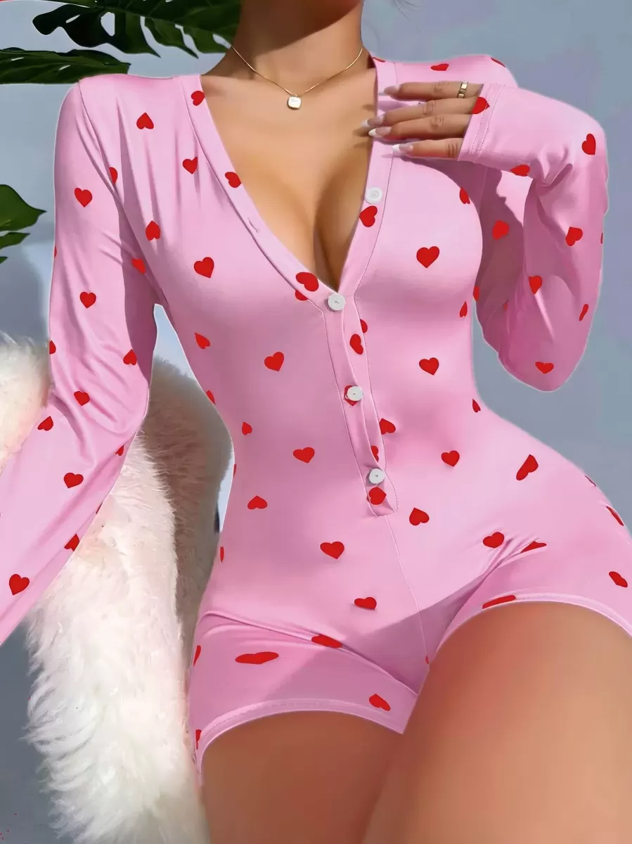 Kadın Pembe Kalp Desenli Zarif Pijama Tulumu Özel Tasarım