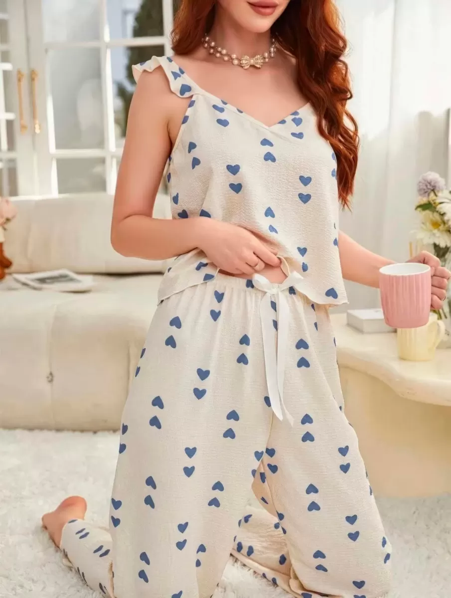 Kadın Ekru Mavi Kalp Desenli Uzun Pijama Takımı Yumuşak Pamuklu Rahat Ev Giyimi Özel Tasarım