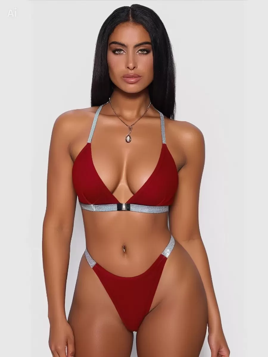 Kadın Bordo Love Yazılı Mayo Bikini Arkası Çapraz Detaylı Şık Plaj Giyim Özel Tasarım