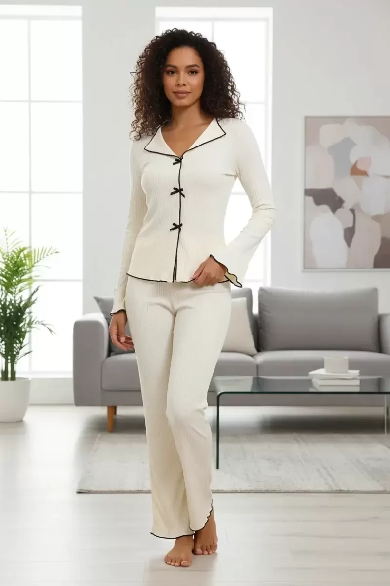 Kadın Ekru Fitilli Fiyonk Detaylı Şık Pijama Takımı Premium Ev Giyim