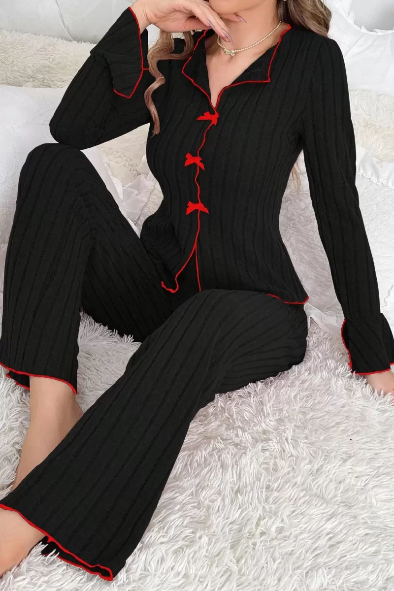 Kadın Siyah Kırmızı Biyeli Fiyonk Detaylı Uzun Kollu Mevsimlik Pijama Takımı Premium Ev Giyim
