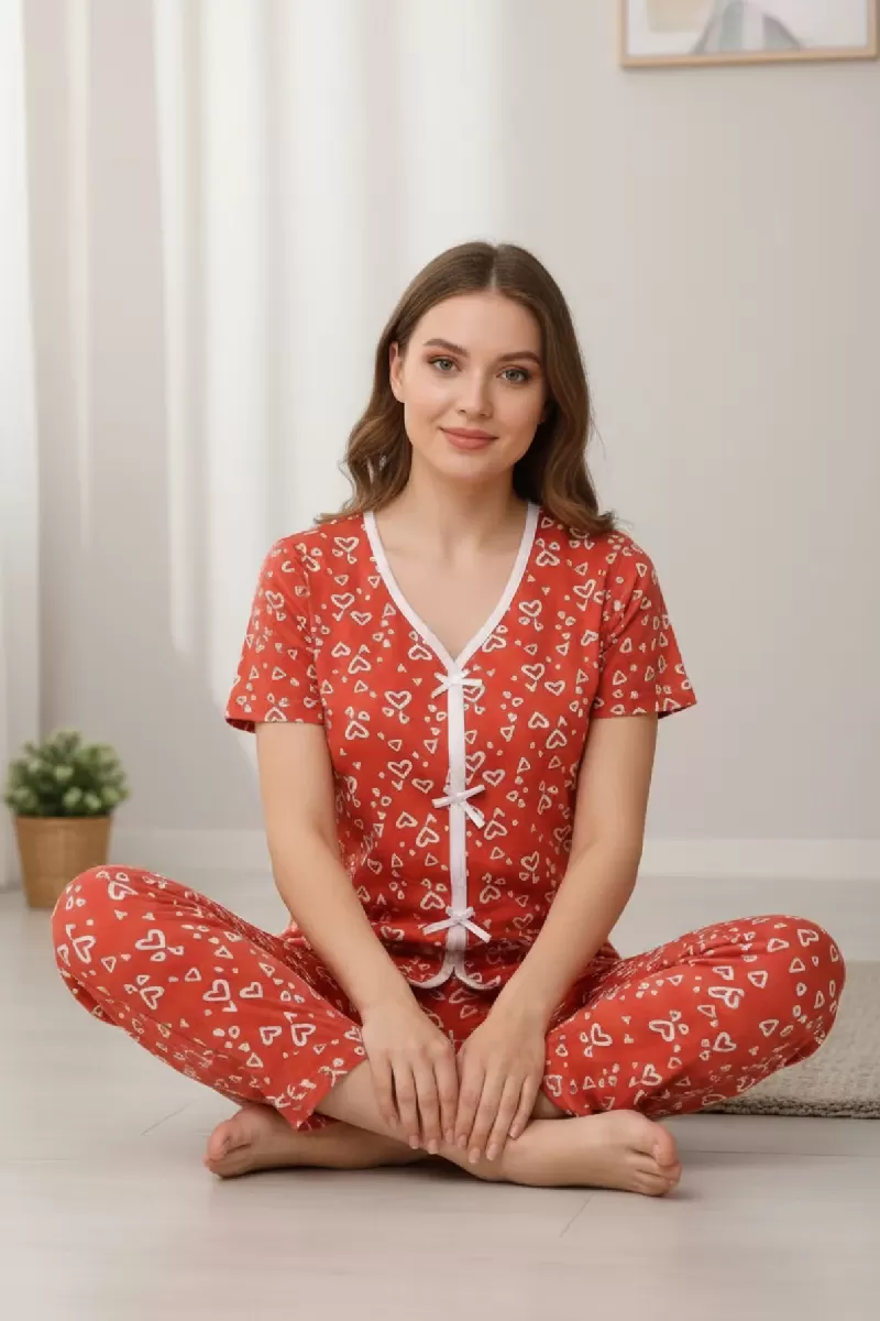 Kadın Turuncu Kalp Desenli Fiyonk Detaylı Kısa Kollu Uzun Pijama Takımı Premium Ev Giyim