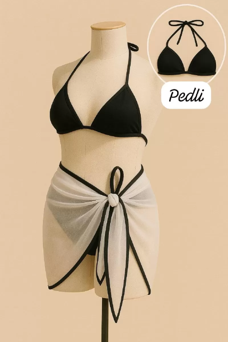 Kadın Siyah Beyaz Pareolu 3’lü Bikini Takımı Yandan ve Boyundan Bağlamalı Pedli Şık Plaj Seti