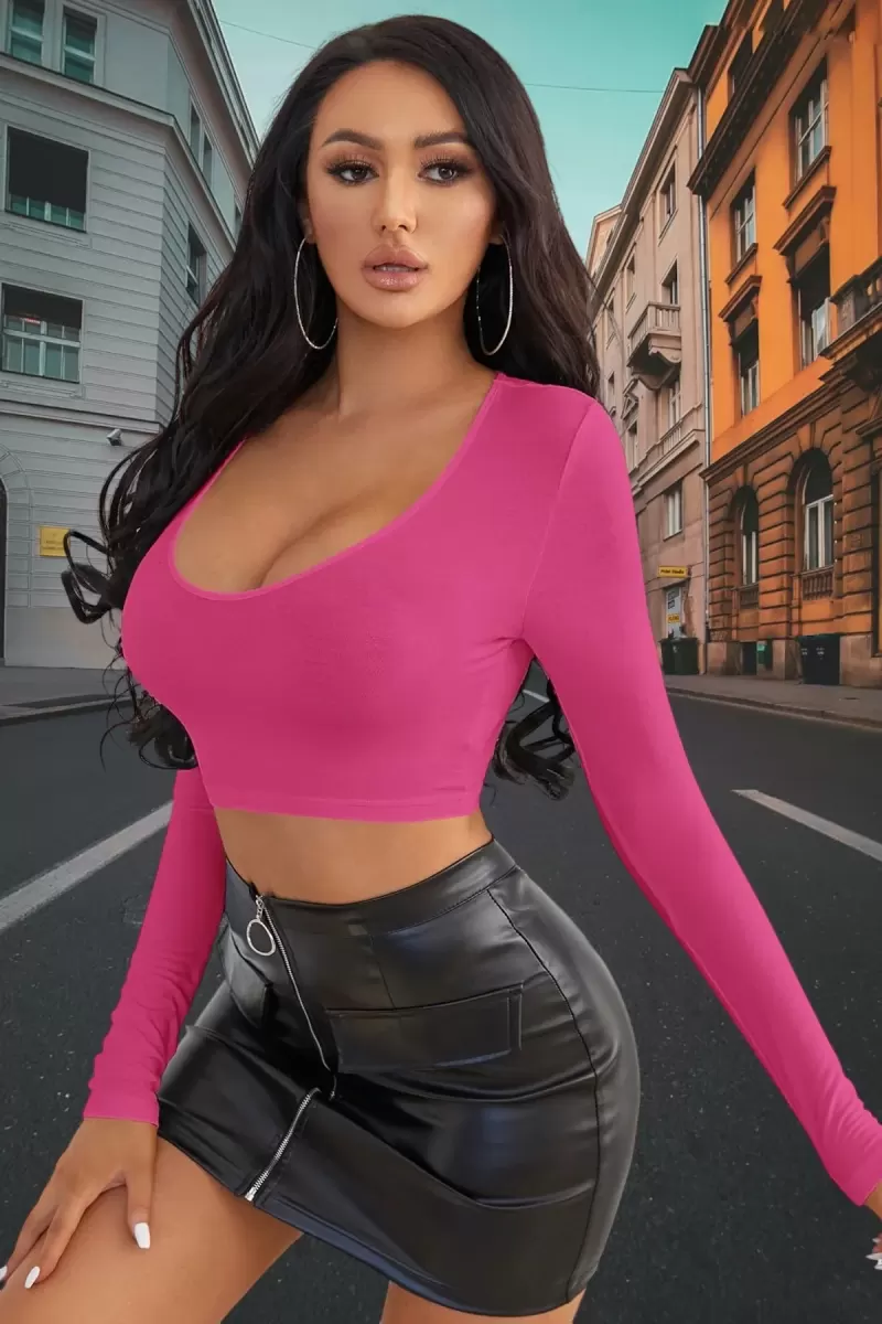 Fuşya Derin U Yaka Crop Top Uzun Kollu Dar Kesim Kadın Bluz