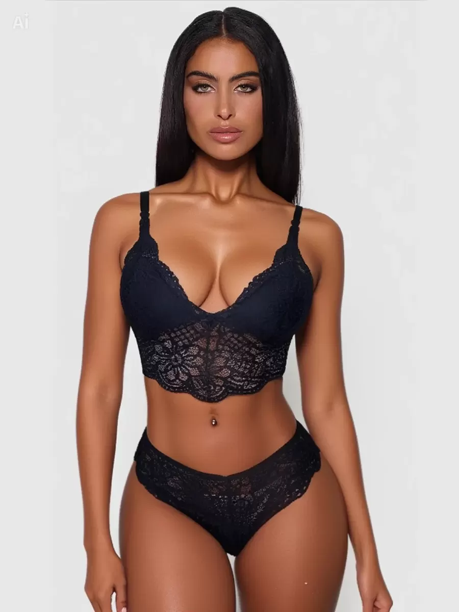 Kadın Siyah Dantel İşlemeli Bralet Slip Takımı Premium İç Giyim