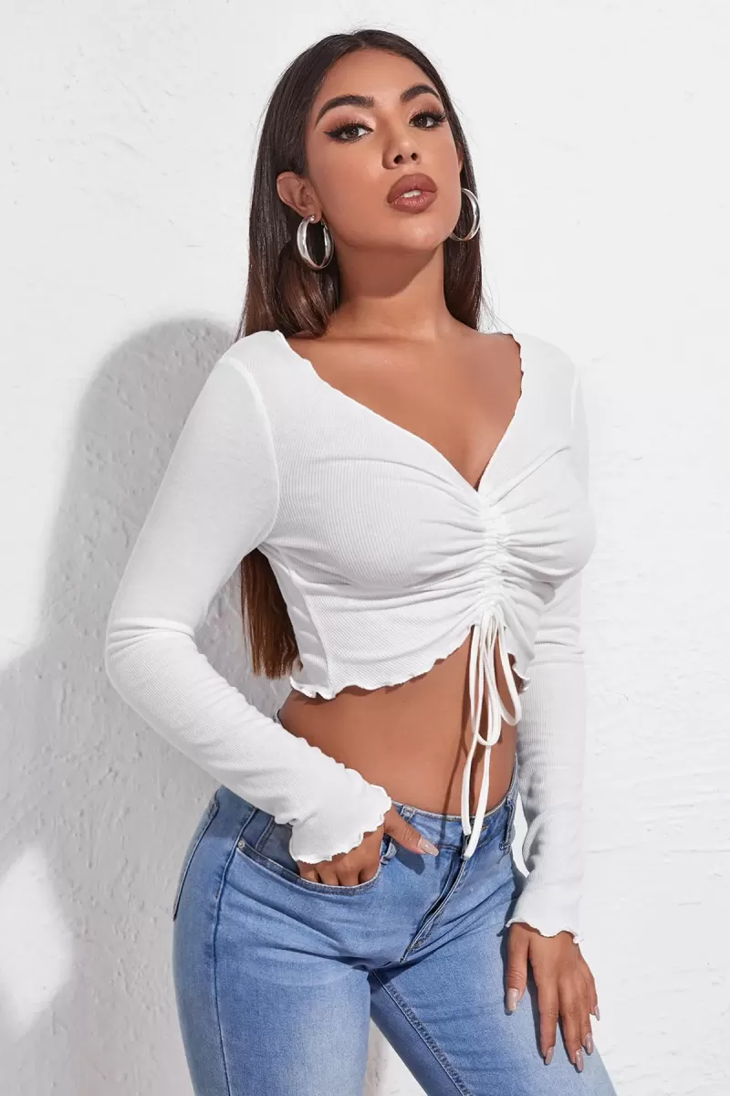 Kadın Beyaz Uzun Kol Drapeli Bağcık Detaylı Crop Top Bluz