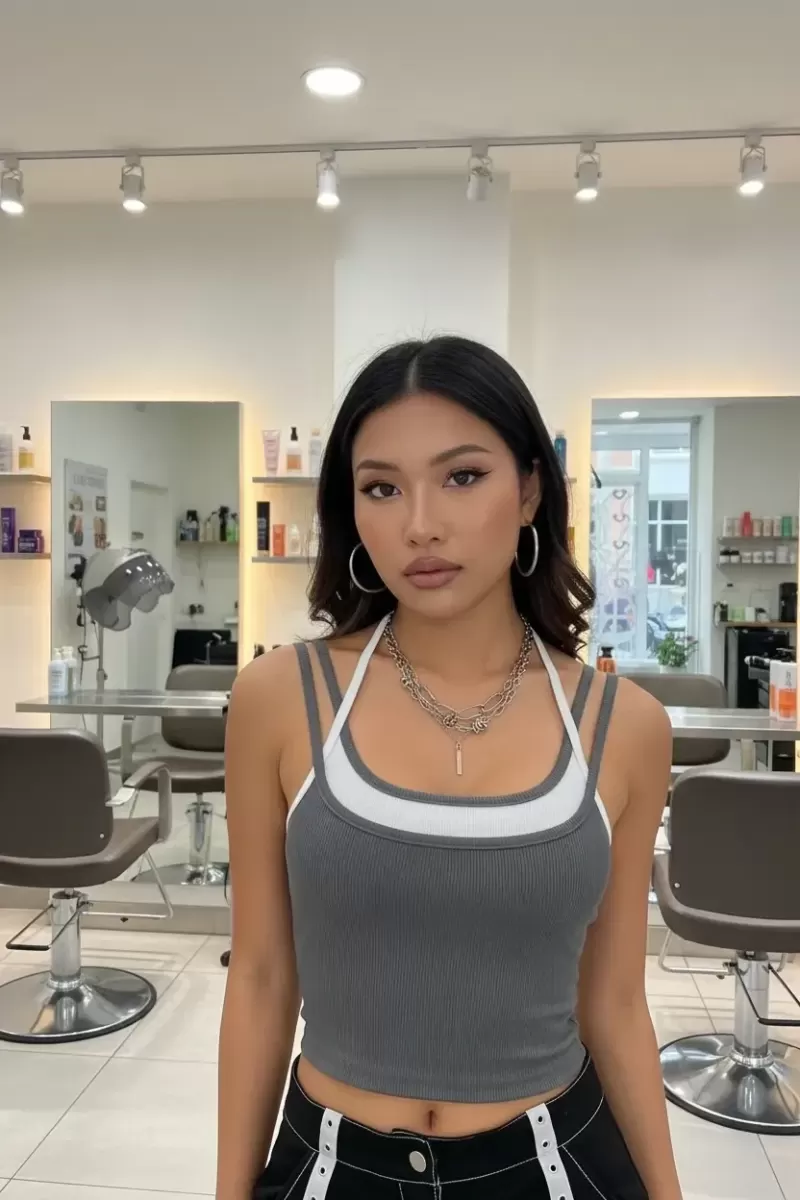 Kadın Antrasit Beyaz Çift Renk Çapraz Askılı Crop Top Bluz Şık Esnek