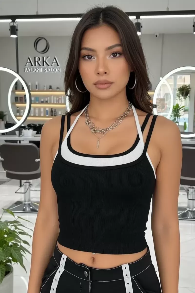Kadın Siyah Beyaz Çift Renk Çapraz Askılı Crop Top Bluz Şık Esnek
