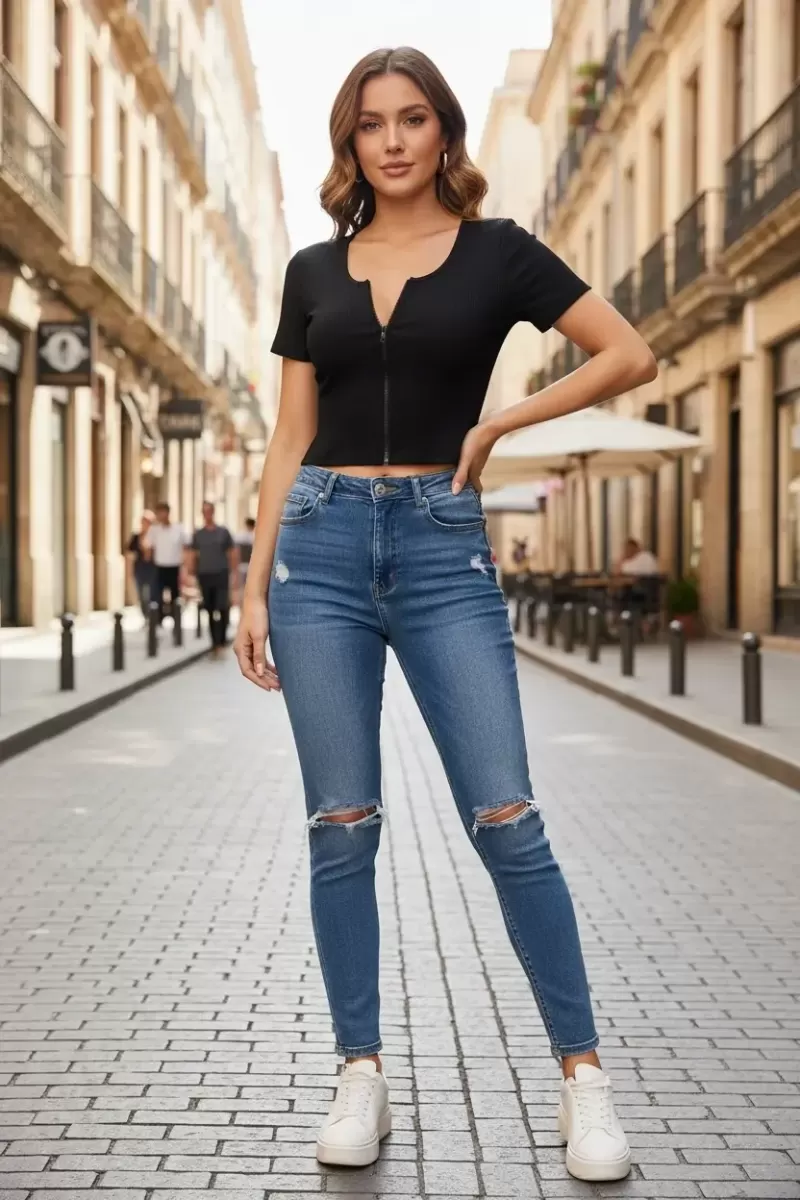 Kadın Siyah Çift Fermuarlı Modern Yarım Kol Crop Top Bluz