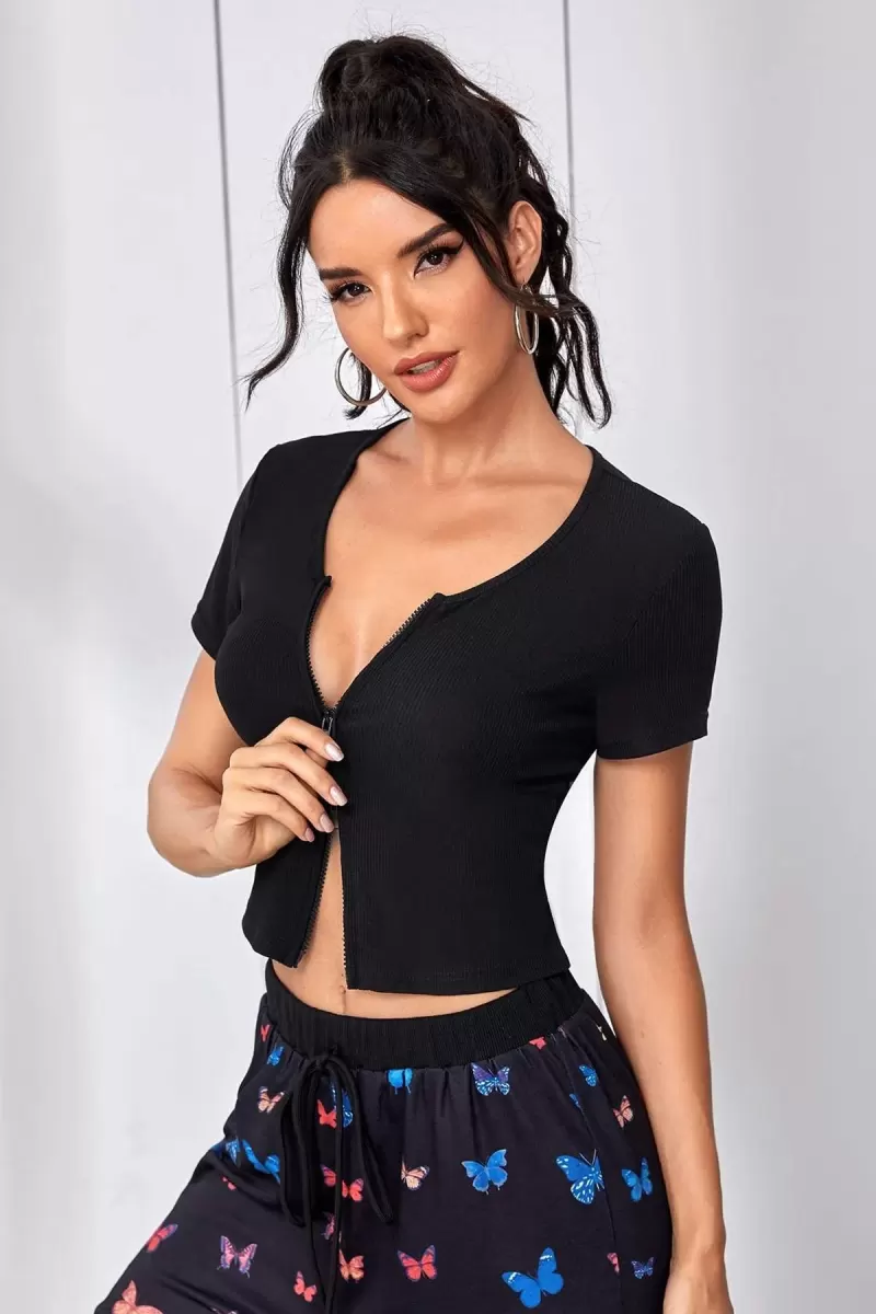 Kadın Siyah Çift Fermuarlı Modern Yarım Kol Crop Top Bluz