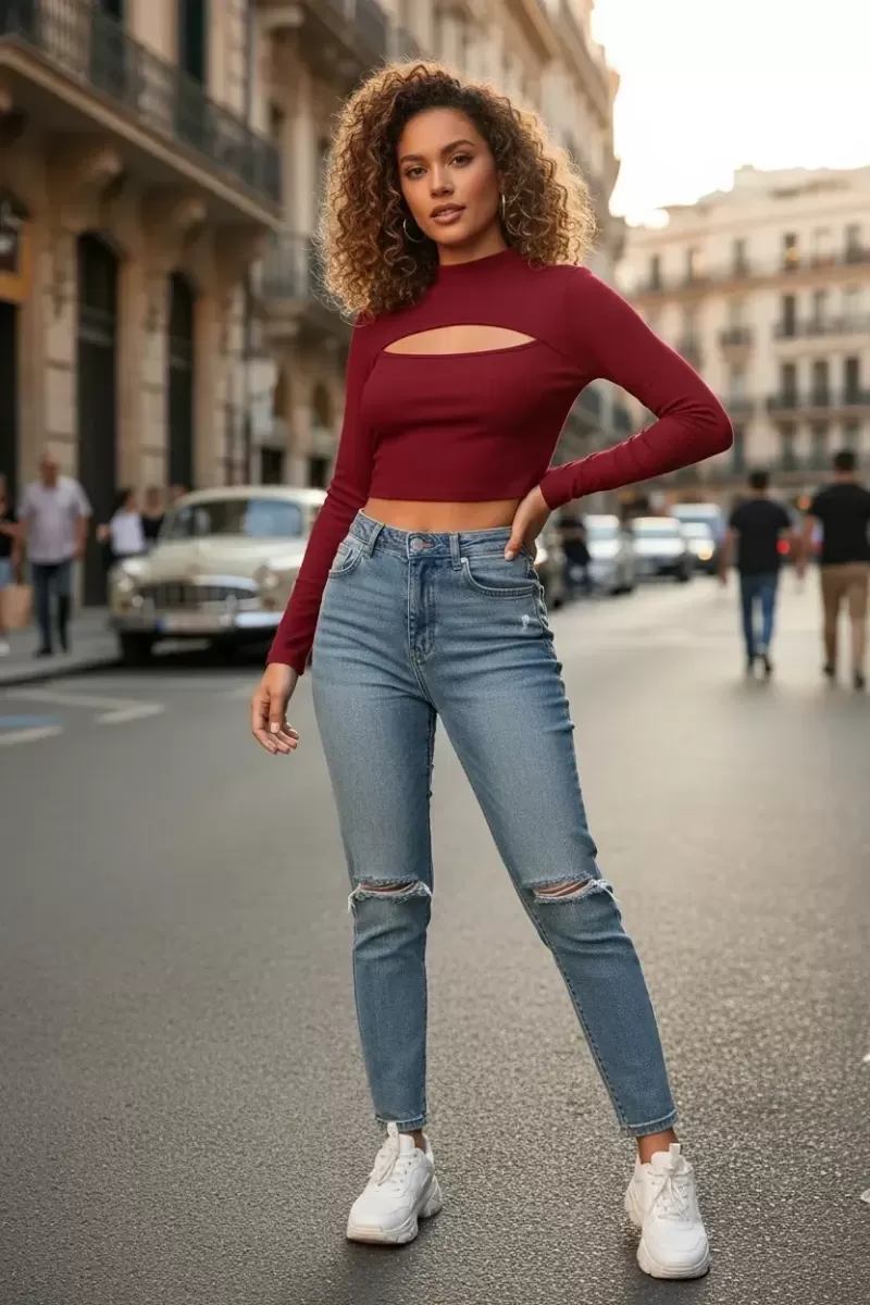 Kadın Bordo Modern Fit Göğüs Dekolteli Uzun Kollu Cut Out Crop Top Bluz