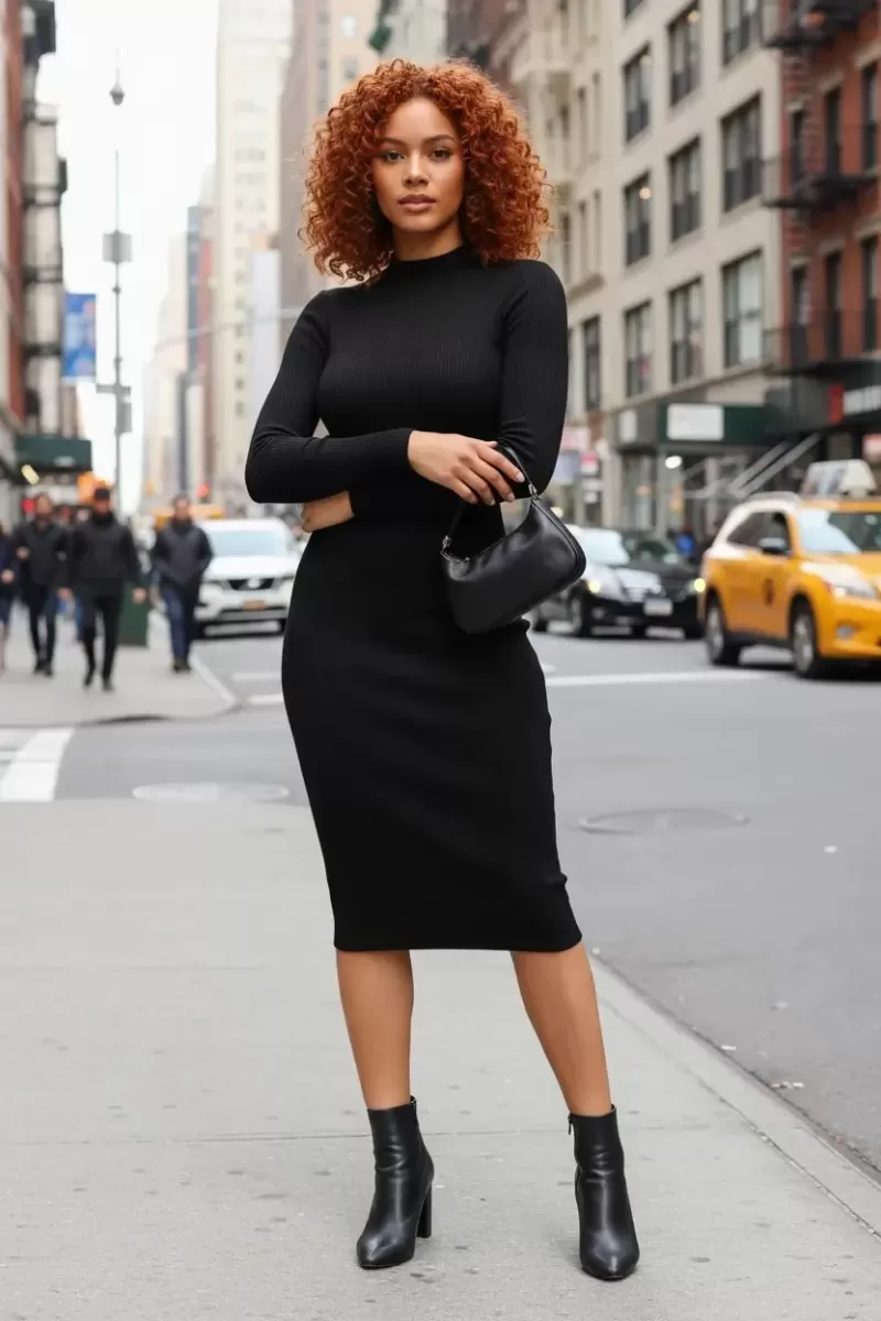 Kadın Siyah Kaşkorse Balıkçı Yaka Uzun Kollu Bodycon Mini Elbise Premium Şık Stil