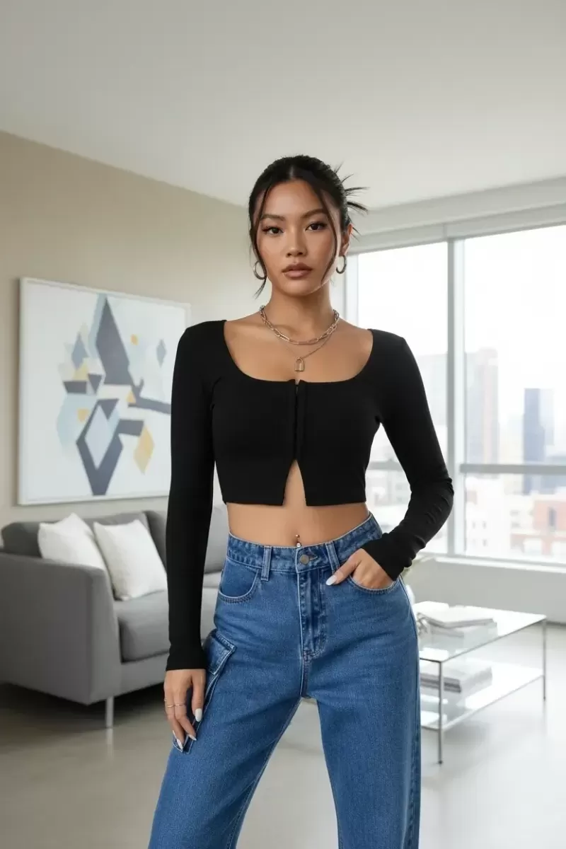 Kadın Siyah Agraflı Göğüs ve Göbek Dekolteli Uzun Kollu Crop Top Bluz Premium Stil