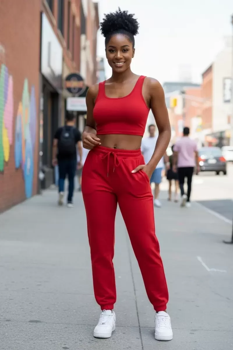 Kadın Kırmızı Premium Görünümlü Kaşkorse Cepli Jogger Eşofman Altı ve Crop Top Bluz Takımı