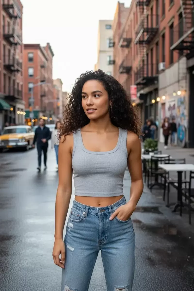 Kadın Gri Modern Fit Kare Yaka Crop Top Bluz