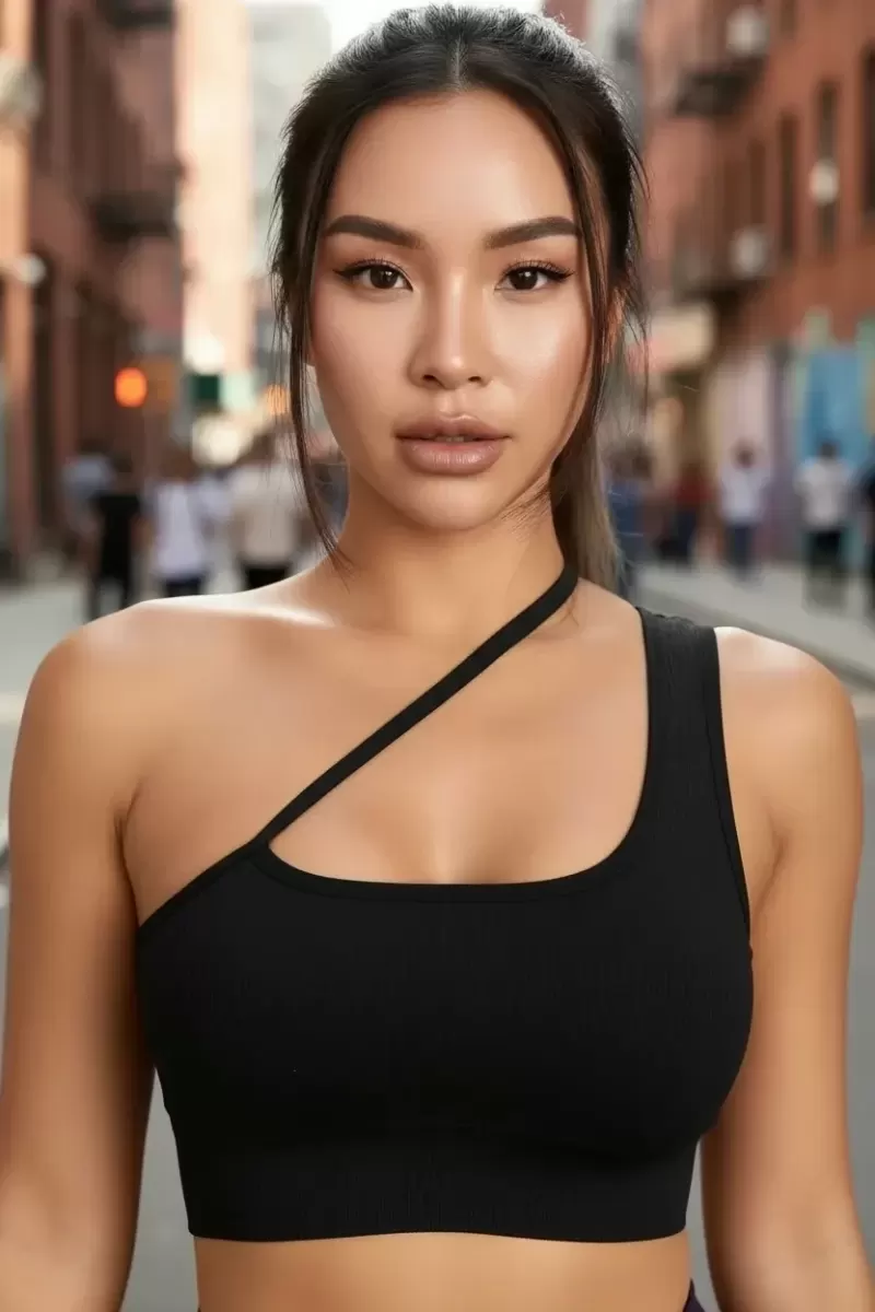 Kadın Siyah Modern Fit Tek Omuzlu Çapraz Askılı Crop Top Büstiyer