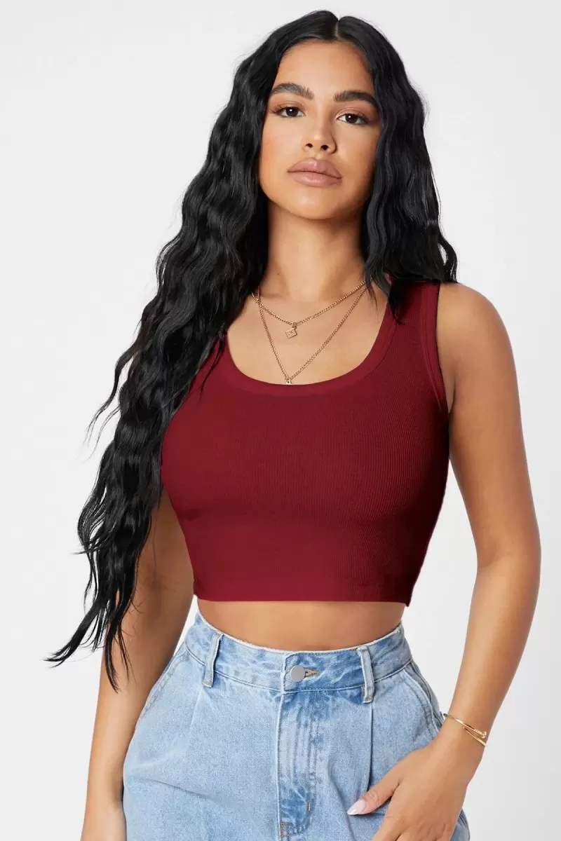 Kadın Bordo Modern Fit Kare Yaka Crop Top Bluz