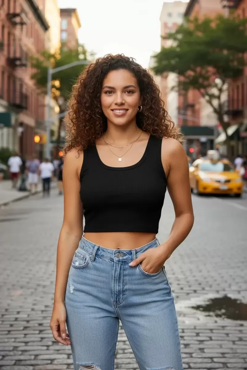 Kadın Siyah Modern Fit Kare Yaka Crop Top Bluz