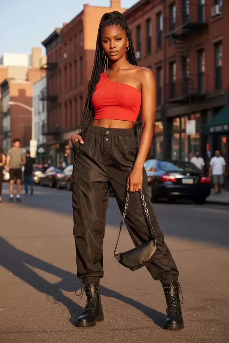 Kadın Kırmızı Fit Görünümlü Tek Omuz Crop Top Büstiyer