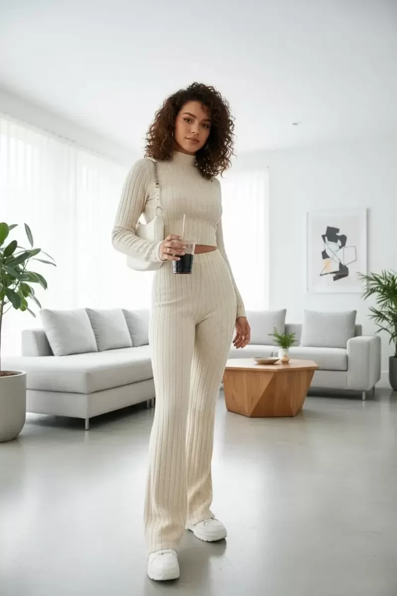 Kadın Ekru Fitilli Crop Uzun Kollu Üst Paça Pantolon Eşofman Takımı Şık 2’li Set
