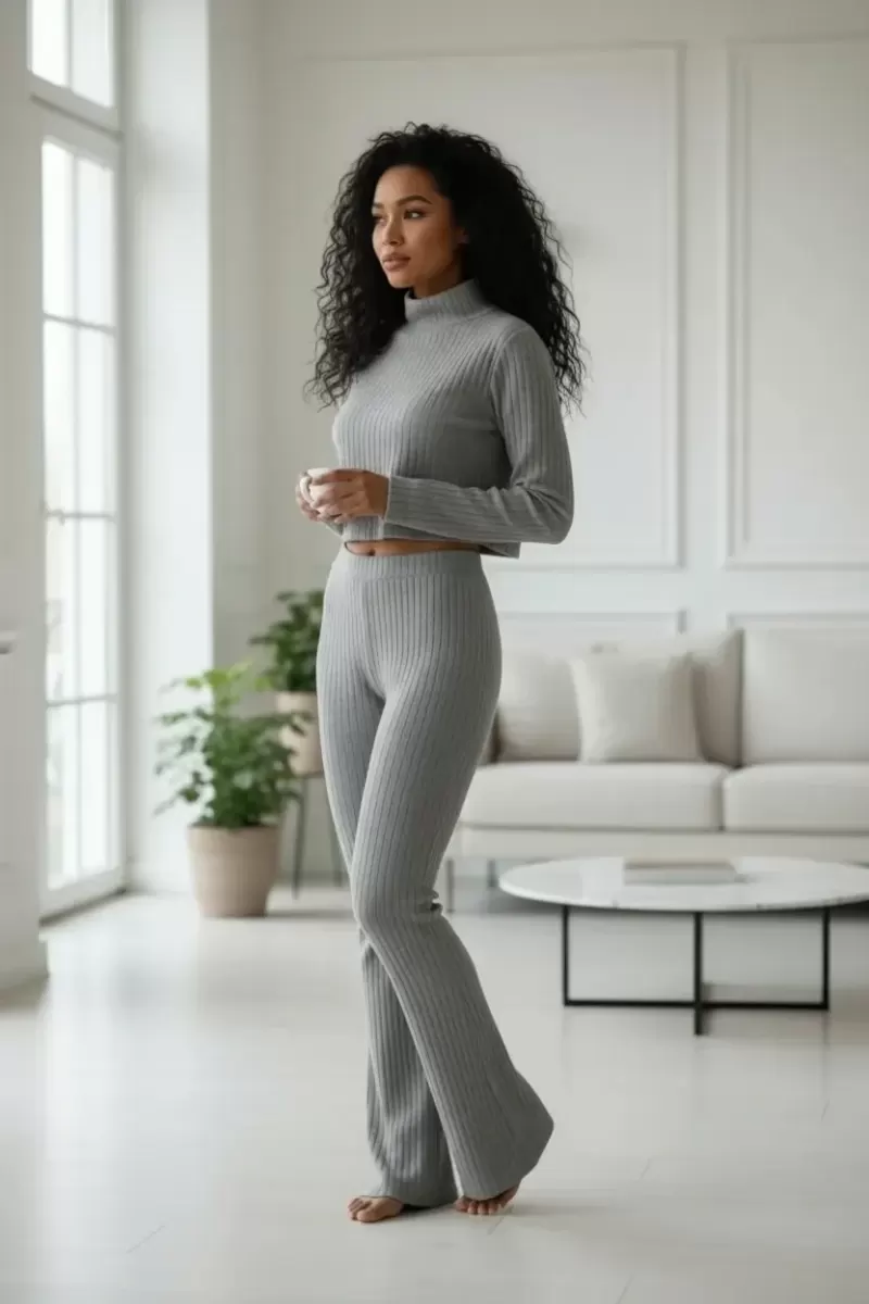 Kadın Gri Fitilli Boğazlı Crop Üst İspanyol Paça Pantolon Eşofman Takımı Esnek 2’li Set