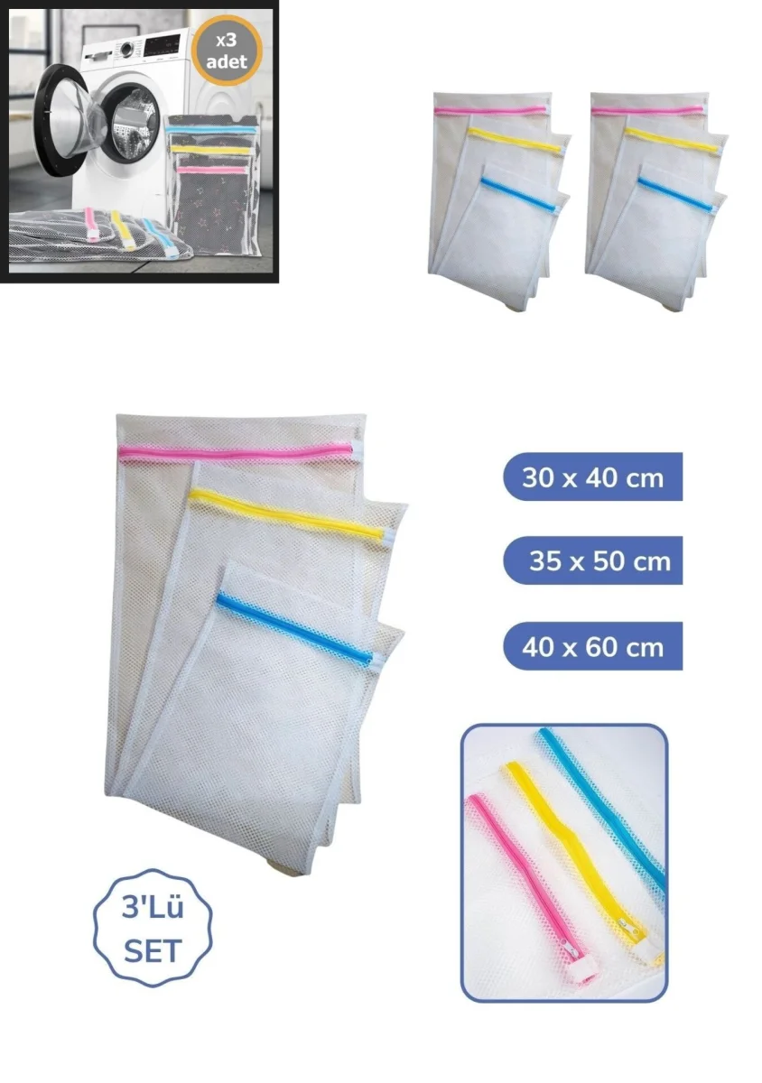 3'lü Çamaşır Yıkama Filesi Set Renkli Fermuarlı Pratik Çamaşır Yıkama Filesi Seti 3 Boy