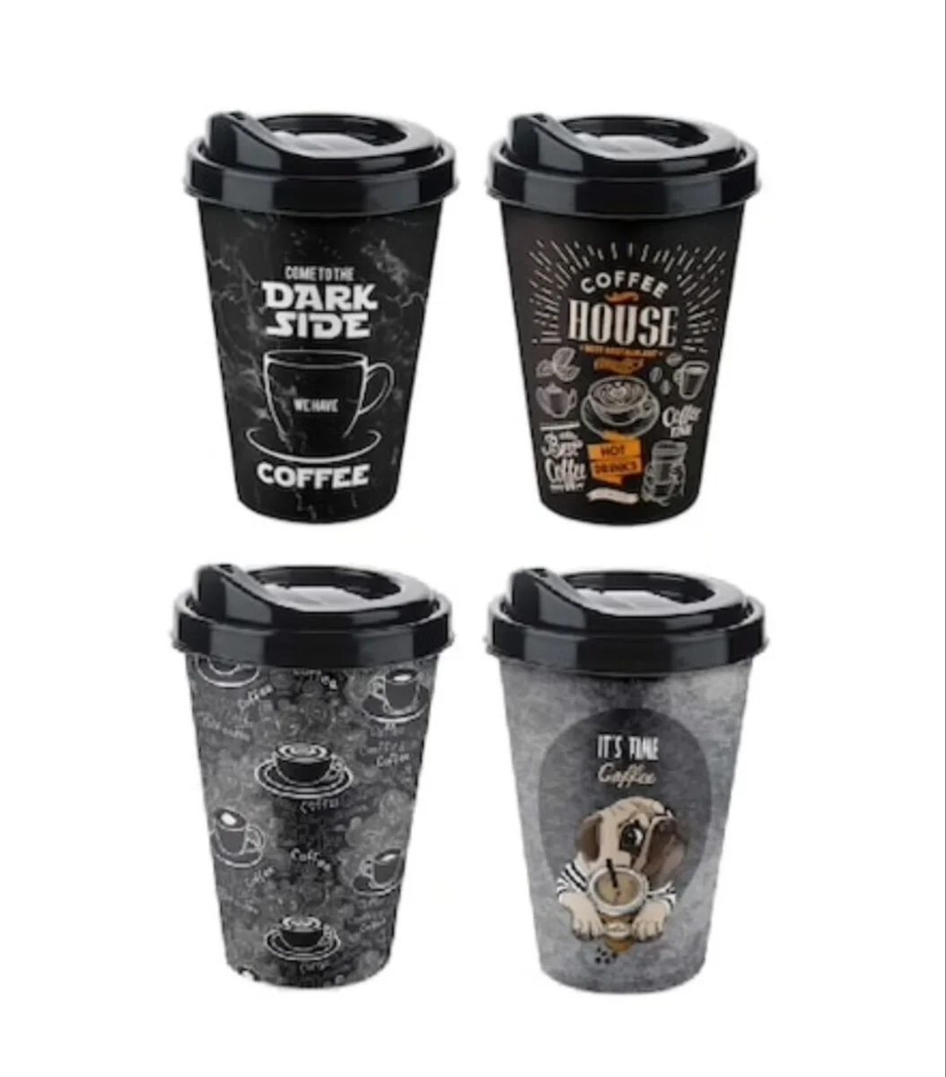 4 Adet Kahve Bardağı - Kapaklı Desenli 400ML